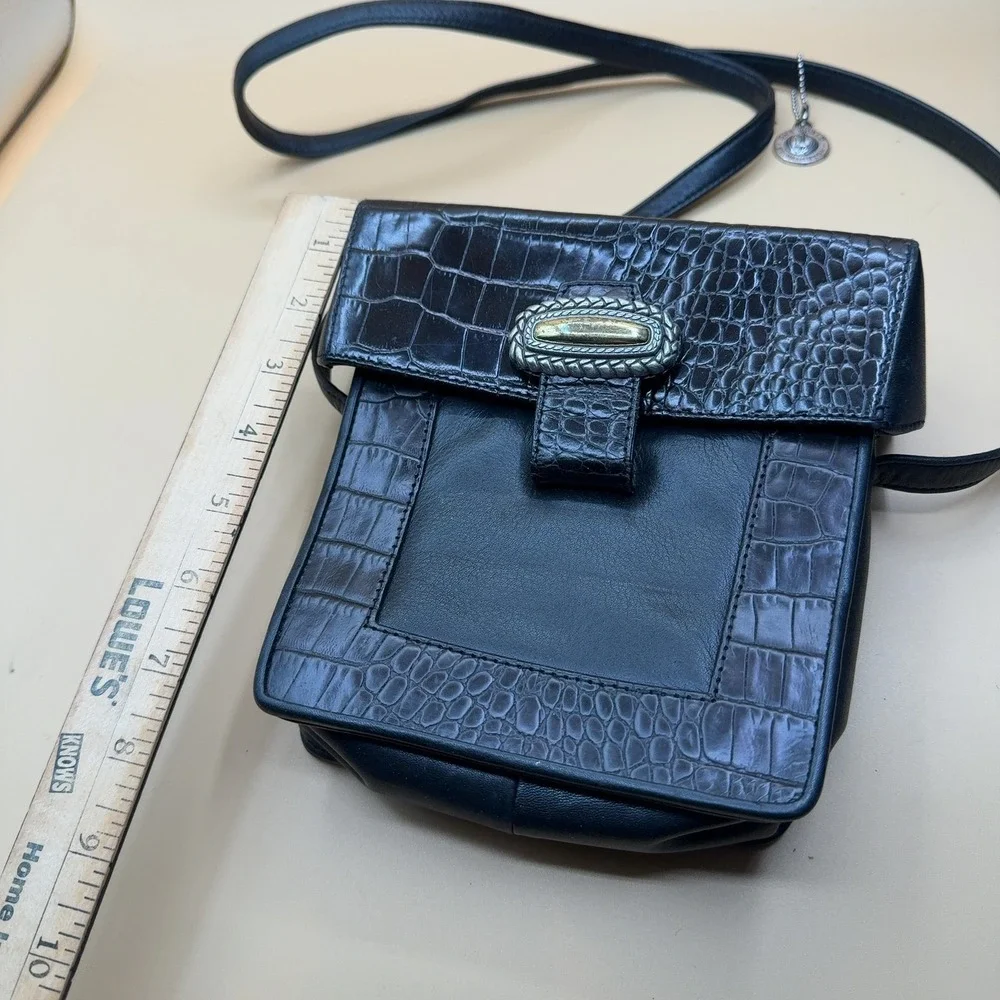 Brighton One World Crossbody Bag Black Leather Croc Embossed Flap Small